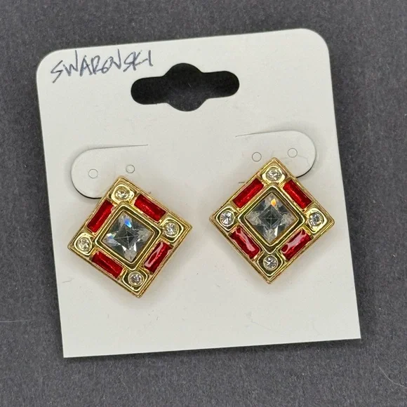 VTG Swarovski Swan Logo Art Deco Gold Red Enamel Crystal Clip Earrings Jewelry - Picture 5 of 6